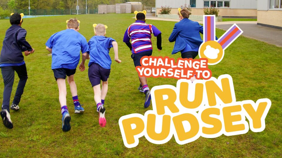 Challenge yourself to runPudsey logo overlaid over an image of children with Pudsey ears running away from the camera