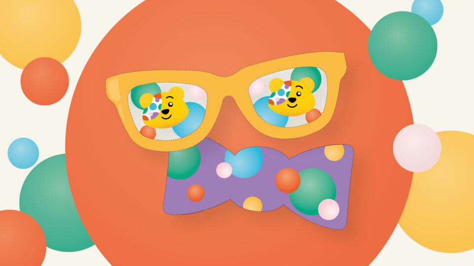 Cut out yellow sunglasses and purple bowtie