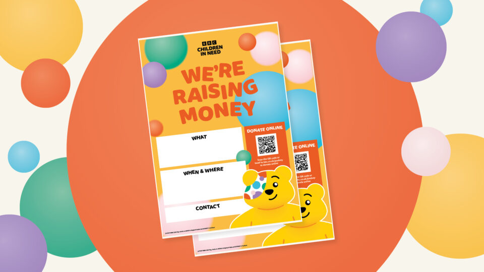 Printable flyers to advertise a fundraising event, including a QR code to donate and featuring Pudsey Bear and coloured spots