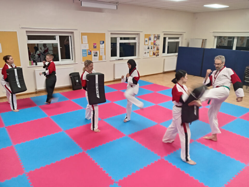 children and adults performing matrial arts