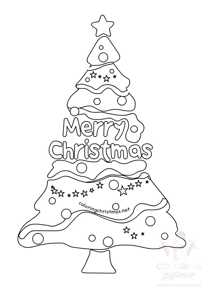Merry Christmas text xmas tree coloring page - Coloring Christmas